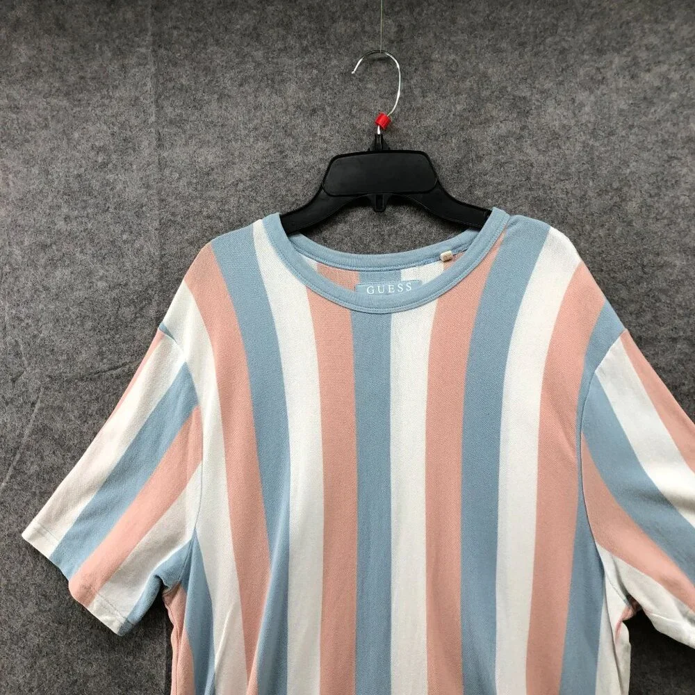 Guess Knit T Shirt Mens XL Cotton‎ Crewneck Short Sleeve Striped Peach Blue Long - Picture 3 of 8